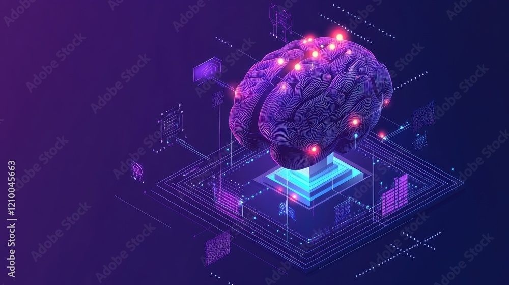 Poster high-tech digital brain with glowing icons and network patterns, representing ai and advanced neural