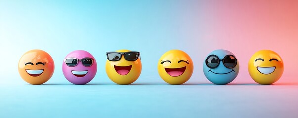 Smiling emojis with different happy expressions arranged against a soft, calming gradient background, conveying emotions of joy and optimism