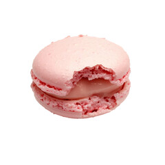 A macaron with a bite taken out, isolated on a pure white background.