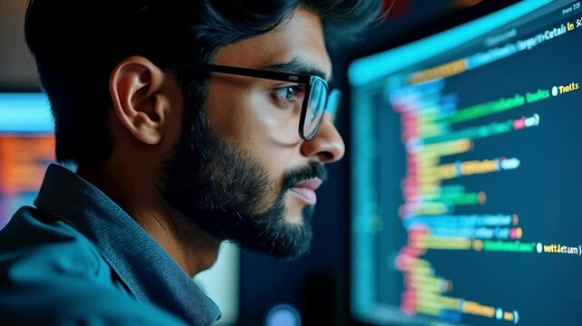 Young Male Programmer Analyzing Code on Computer Screen at Night with Colorful Programming Languages Displayed, Focused on Software Development Process