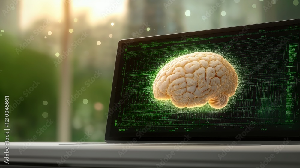 Poster digital brain concept on laptop display with abstract background and green elements