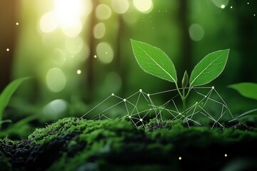 Fresh Green Sprout Breaking Through Soil in Forest with Sunlight and Glowing Particles