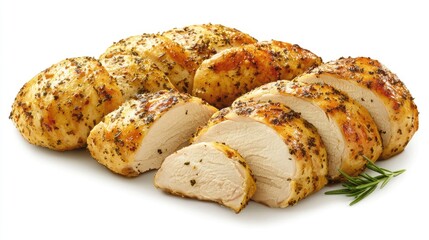 Juicy roast turkey with herbs and golden crust, arranged on a clean white backdrop for food-themed visuals.