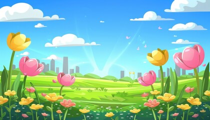 Fototapeta premium A cartoon illustration of a spring day with a cityscape in the background. The sun is shining brightly and there are flowers and butterflies in the foreground.