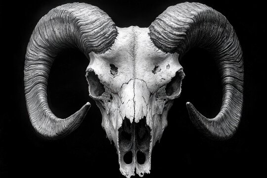 Ram skull, black background, studio shot, memento mori