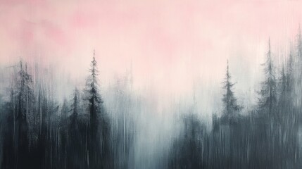 Naklejka premium Misty Forest Landscape with Pink Sky