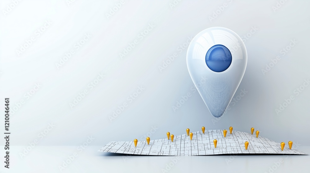 Poster 3d map pointer with blue dot and yellow markers on a white background for navigation and location co