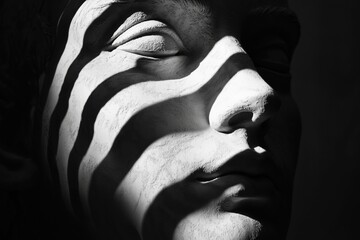 Shadows cast over a sculpted face create an intriguing interplay of light and form in a monochrome...