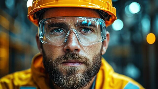 Focused Industrial Worker: A close-up portrait of a serious, bearded worker wearing a hard hat and safety glasses, conveying a sense of determination and expertise in an industrial setting.  