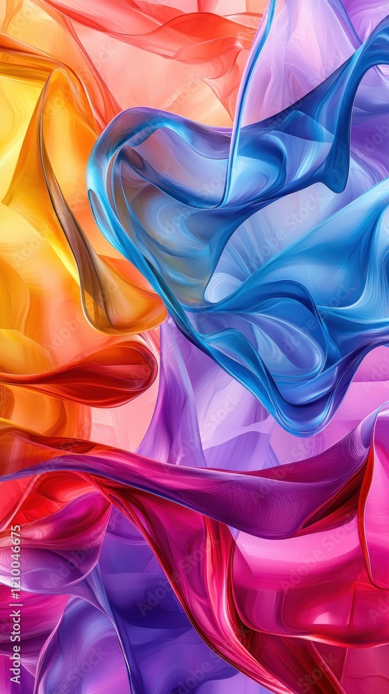 Poster a colorful, abstract design of overlapping, translucent layers in bold, gradient hues, creating dept