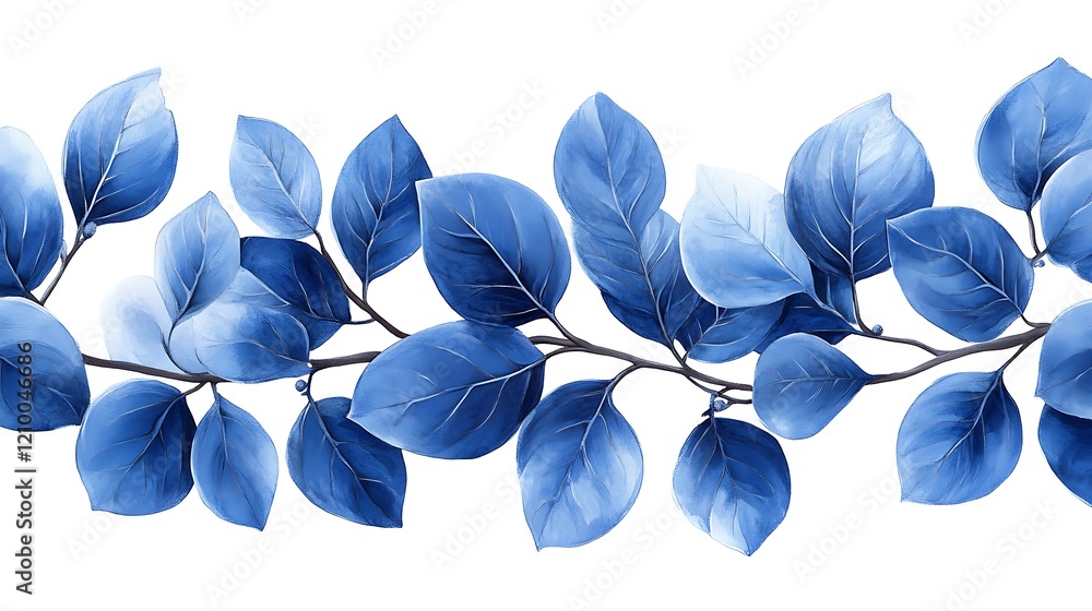 Poster blue eucalyptus branch border: a seamless border of elegant blue eucalyptus leaves and branches, per