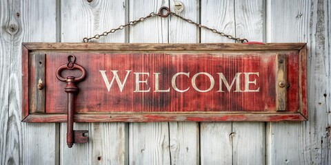 Obraz premium Rustic Red Wooden Welcome Sign with Antique Key Hanging on Weathered Fence