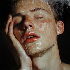 Obraz premium Sensual Male Portrait: Wet Skin, Glossy Texture