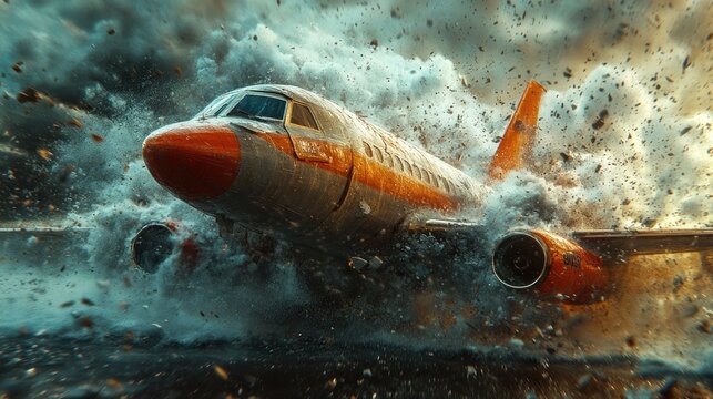 Plane crash landing, storm, airport, debris, disaster