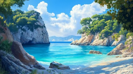 Fototapeta premium Colorful coastal landscape with bright blue water and rocky cliffs, peaceful and inviting, highly detailed, calm and natural, warm and idyllic, tranquil and beautiful