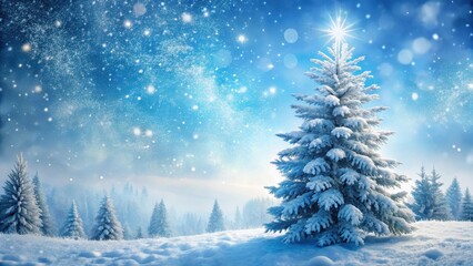 Snowy fir tree branches with frosty tips and intricate patterns, set against a soft blue winter sky with snowflakes gently falling in the air , snowy landscape, wintery scene