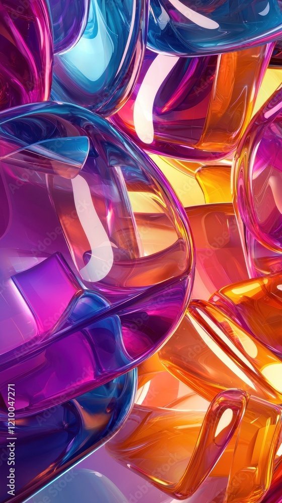 Poster a colorful, abstract design of overlapping, translucent layers in bold, gradient hues, creating dept