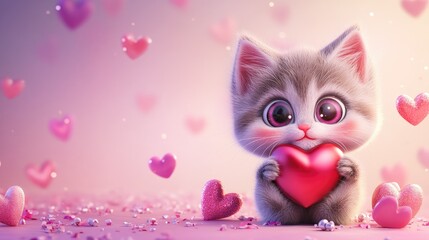 Playful cartoon cat holding a heart on a gradient background of pink and purple with Valentine-themed elements.