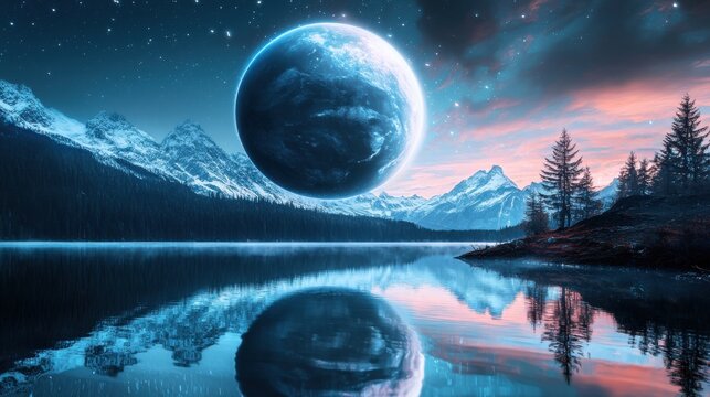 Ethereal Celestial Landscape with Reflecting Lake and Snowy Mountains at Night