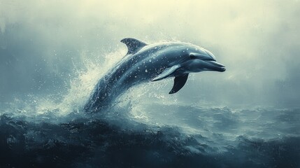 Fototapeta premium Leaping dolphin ocean mist background marine wildlife nature