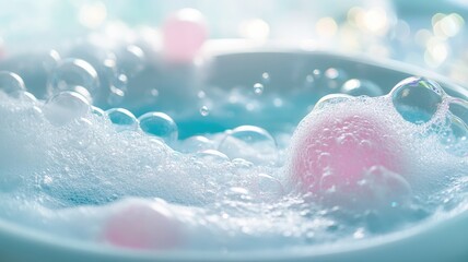 Obraz premium Close-up of soapy foam with bubbles and pastel colors