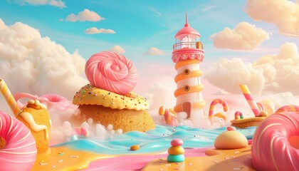 A whimsical candy land seascape with a lighthouse, candy clouds, and a seashell.