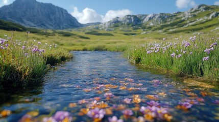 Tranquil Mountain Stream Flowing Through Wildflower Meadow in Summer Landscape