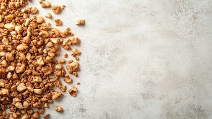 Healthy granola scattered on light textured surface