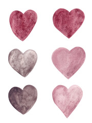 Hand drawn watercolor hearts set. Powder figures for your design