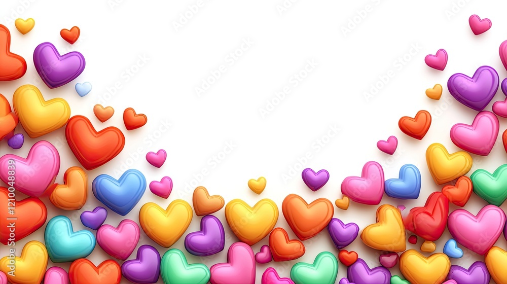 Poster vibrant cartoon hearts arranged in a border pattern on a white background with text-friendly space i