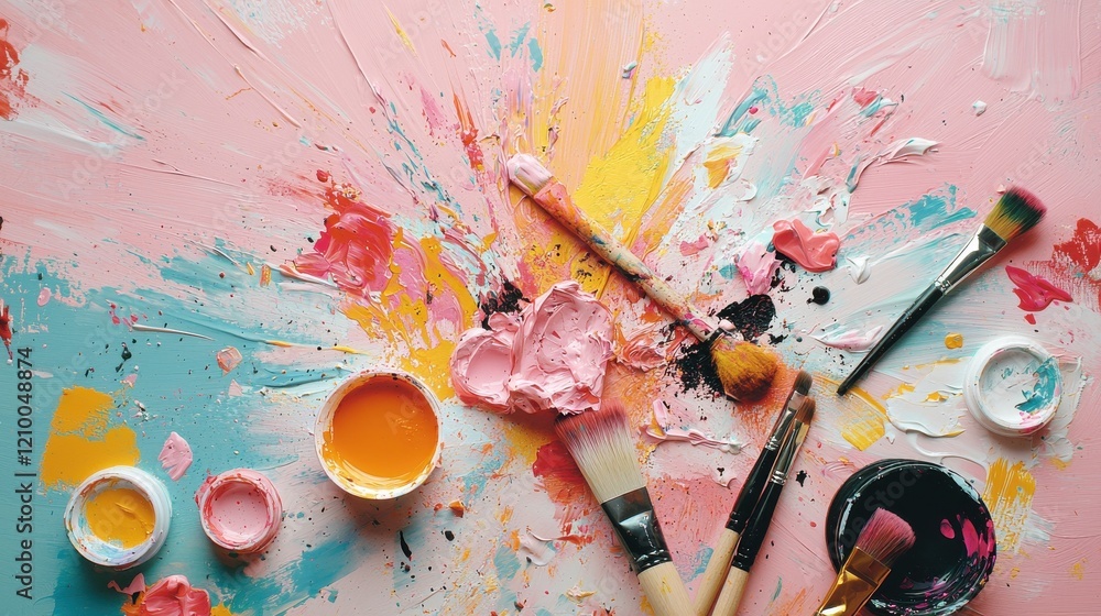 Poster Vibrant Expressionism with Colorful Paint Brushes and Splatter on Canvas