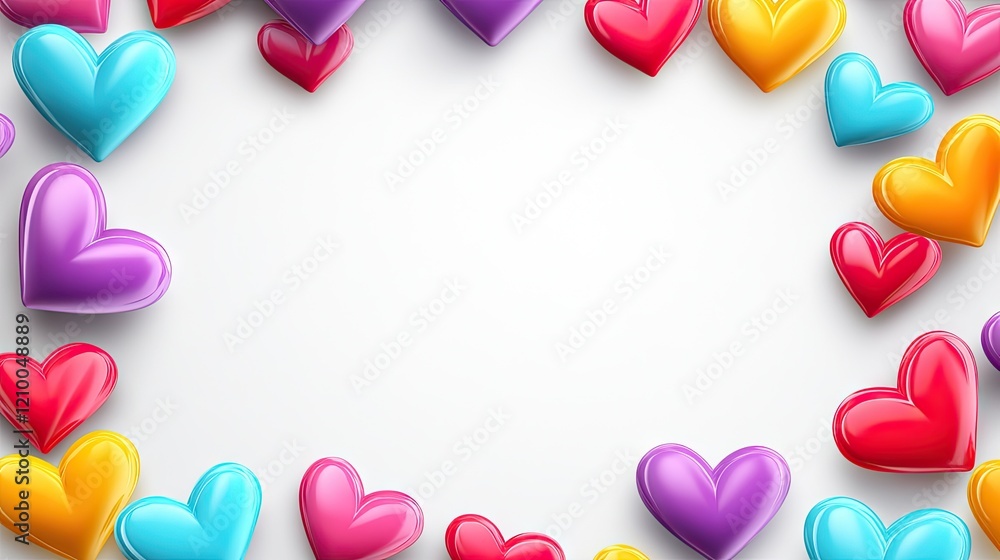 Poster vibrant cartoon hearts arranged in a border pattern on a white background with text-friendly space i