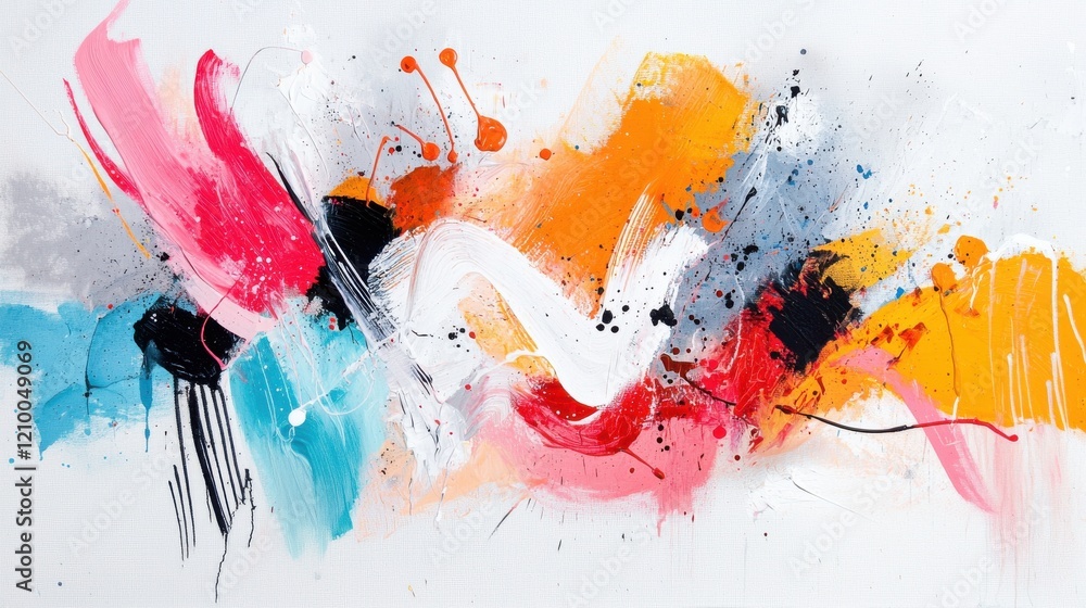Poster vibrant abstract fluid art painting with splashing color strokes and splatters