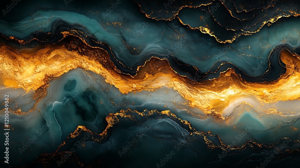 Poster abstract art with teal and gold: a captivating abstract art piece featuring bold strokes of teal and