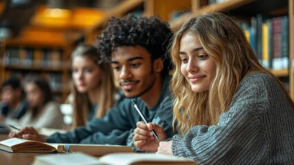 Collaborative Learning: Two diverse students, a young man and woman, deeply engaged in studying together at a library, surrounded by other students.