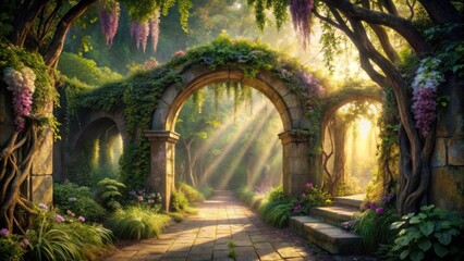 Fototapeta premium Sunlit Pathway Through a Mystical Stone Archway Adorned with Lush Greenery and Vibrant Blossoms