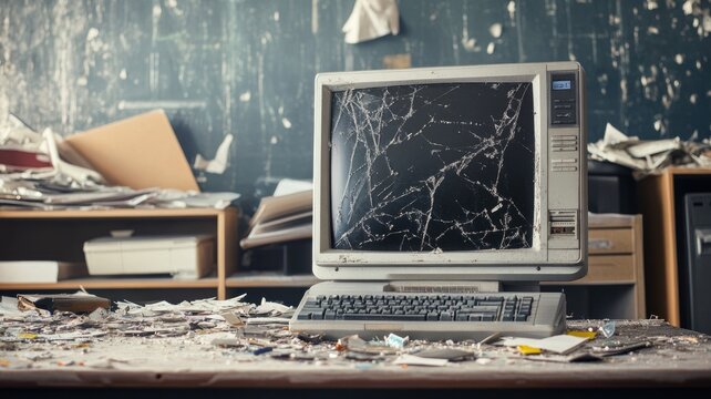 Old broken computer in messy office with debris