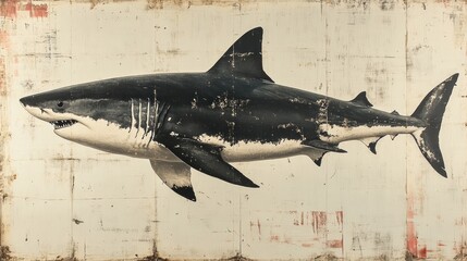 Great White Shark Art Print, Ocean Wildlife, Grunge Background, Wall Decor