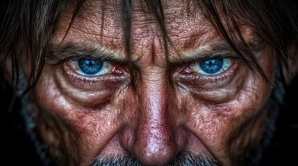 Obraz premium Angry senior man close-up portrait, dark background, intense gaze, film noir style