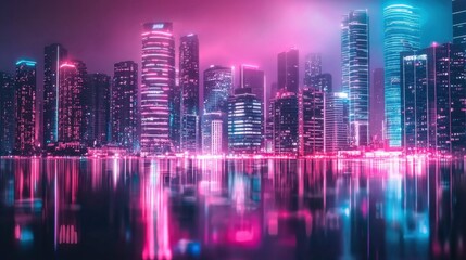 Mesmerizing Cityscape of Glowing Skyscrapers Reflecting in the Vibrant Night Waters