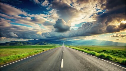 Naklejka premium Asphalt Road Winding Through Verdant Meadows Under a Dramatic Sky with Majestic Mountains in the Distance