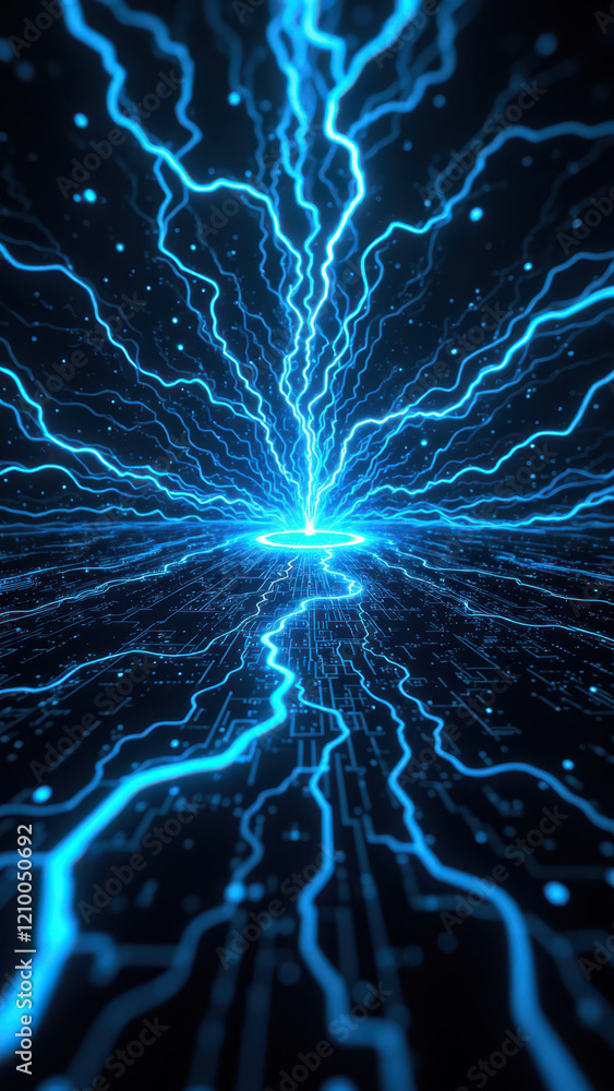 Poster intricate network of blue energy or data streams against a dark backdrop, evoking concepts of ai and