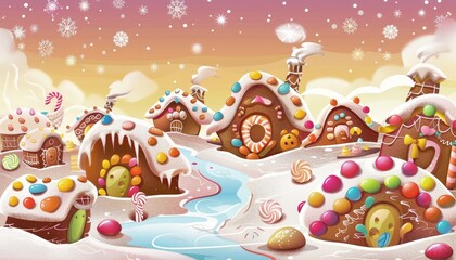 Obraz premium A whimsical winter wonderland made of gingerbread houses, candy, and a flowing stream.