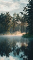 Obraz premium Serene forest landscape with misty water reflections and tall trees in the early morning light