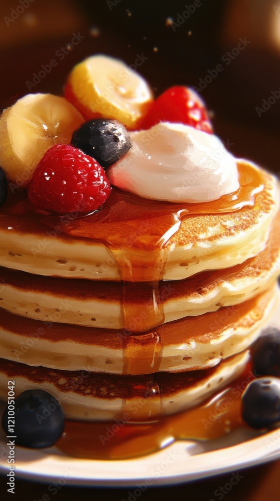 Aufkleber stack of fluffy pancakes topped with fresh fruit and syrup during a cozy breakfast setting