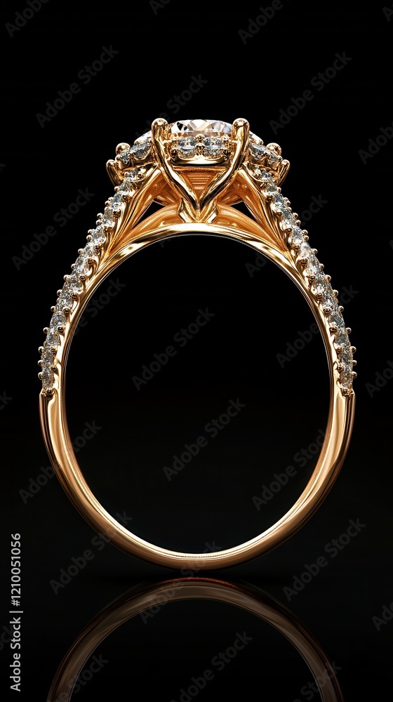 Poster close-up view of an intricately designed golden ring with sparkling diamonds on a sleek black backgr