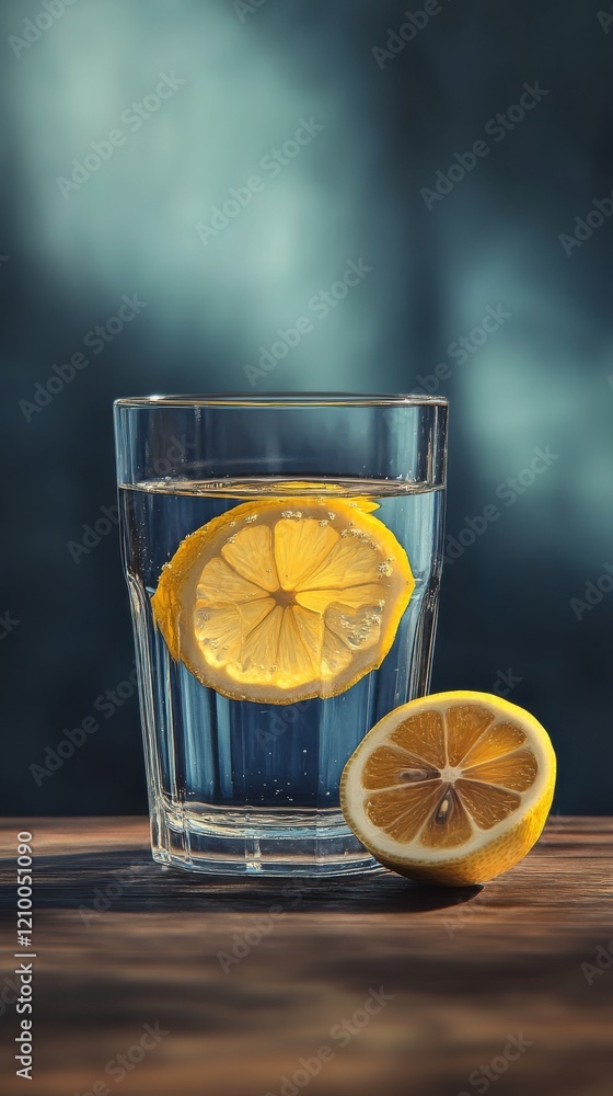 Poster refreshing glass of lemonade with a lemon slice on wooden table in soft natural light