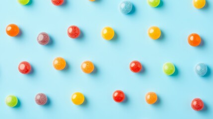 Colorful flat lay of assorted candies on blue background, playful and vibrant, pastel color scheme, high-angle view, bright and cheerful, visually satisfying composition