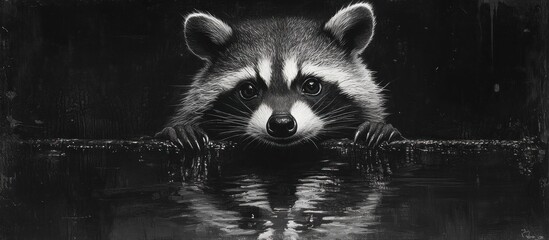 Obraz premium Raccoon peering over water, night scene, reflection, wildlife poster