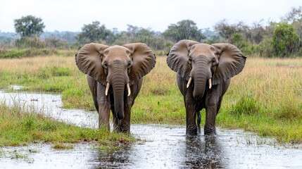 Fototapeta premium Two African elephants walking in shallow water, savanna background; wildlife photography for travel brochures